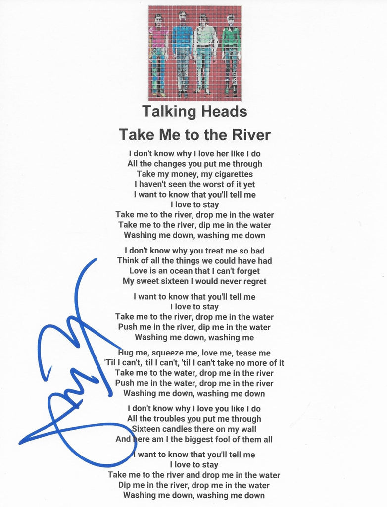 Jerry Harrison Signed Talking Heads Take Me To The River Lyrics Sheet Proof