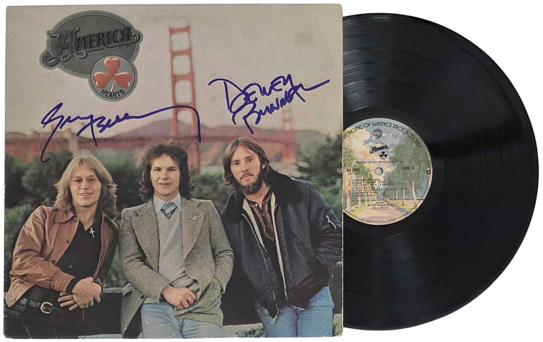 America Band Signed Hearts Album COA Exact Proof Autographed Vinyl Record Dewey Bunnell & Gerry Beckley