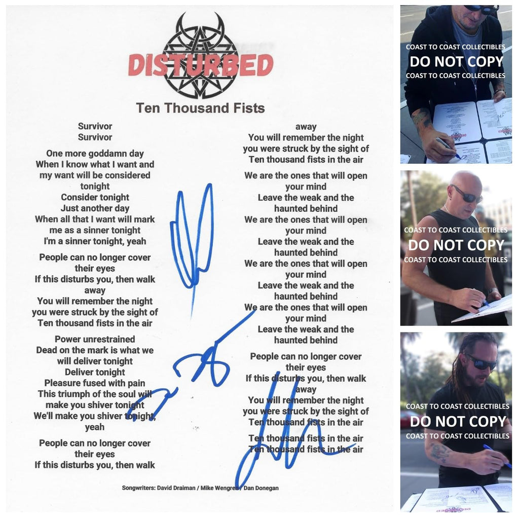 Disturbed Band Signed Ten Thousand Fists Lyrics Sheet COA Proof Autographed