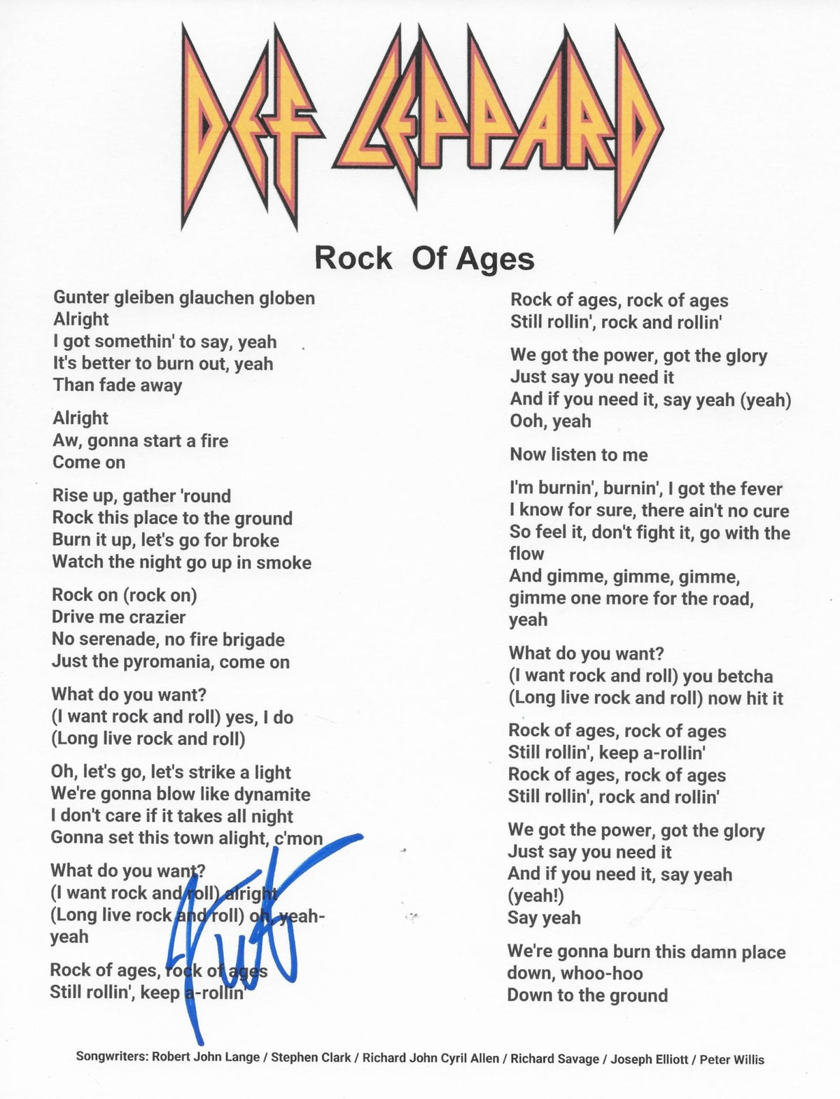 Joe Elliott Signed Def Leppard Rock of Ages Lyrics Sheet COA Proof Autographed