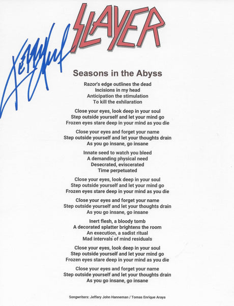 Kerry King Signed Slayer Seasons in The Abyss Lyrics Sheet COA Exact Proof Autographed
