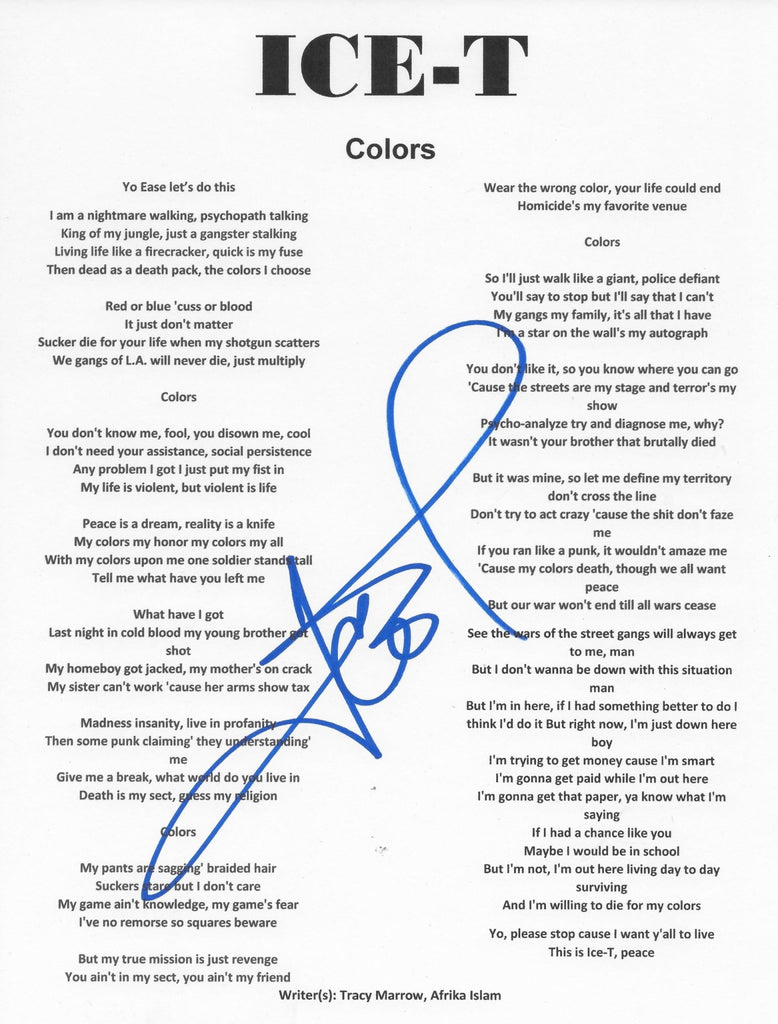 Ice T Signed Colors Lyrics Sheet COA Exact Proof Autographed Body Count