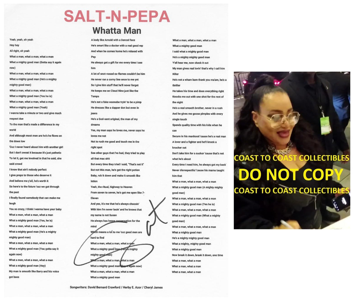 Salt Signed Salt - N - Pepa Whatta Man Lyric Sheet COA Exact Proof Autographed