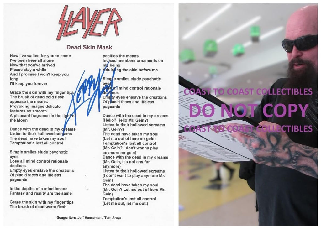 Kerry King Signed Dead Skin Mask Lyrics Sheet COA Exact Proof Autographed Slayer