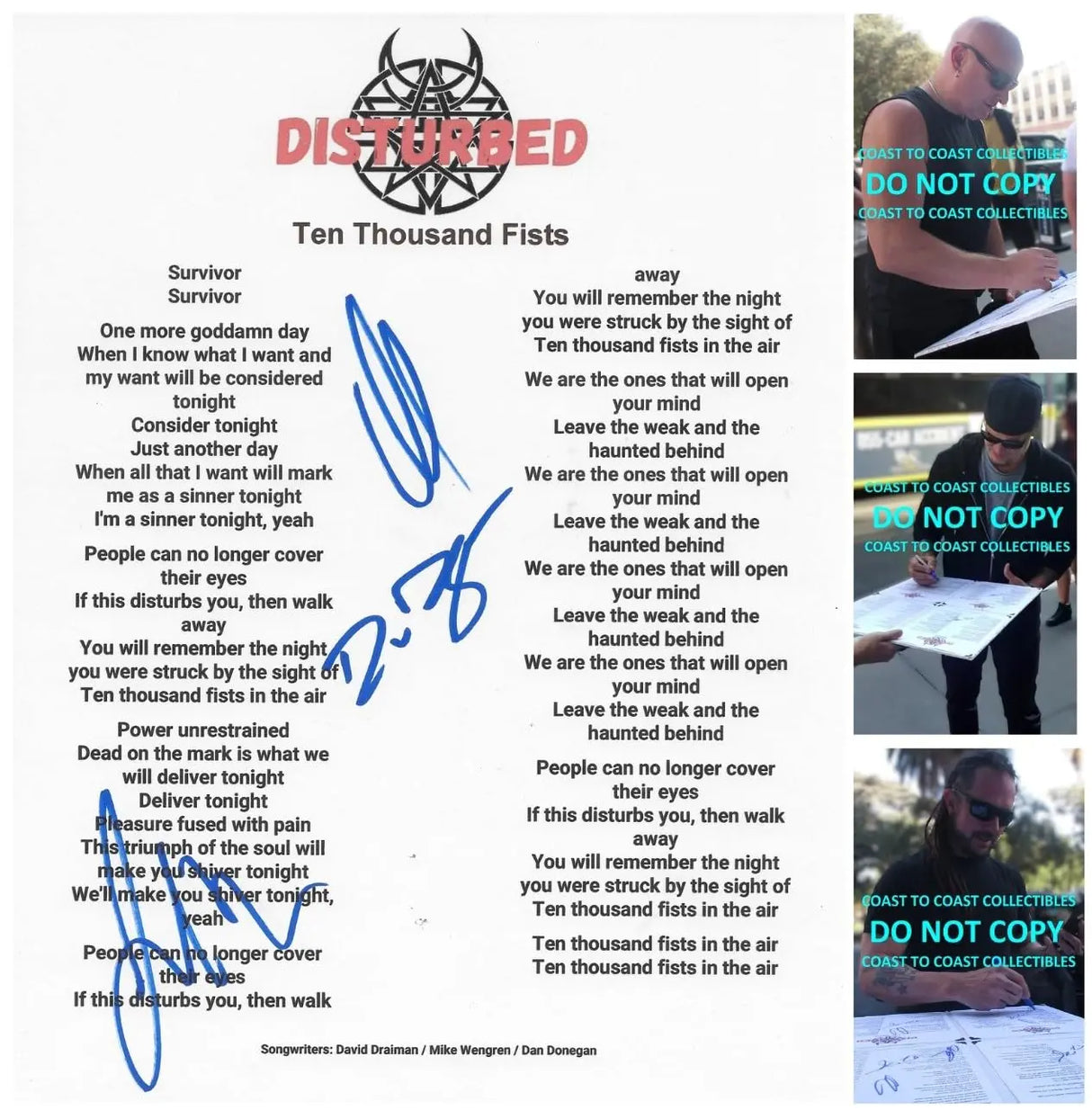 Disturbed Band Signed Ten Thousand Fists Lyrics Sheet COA Proof Autographed