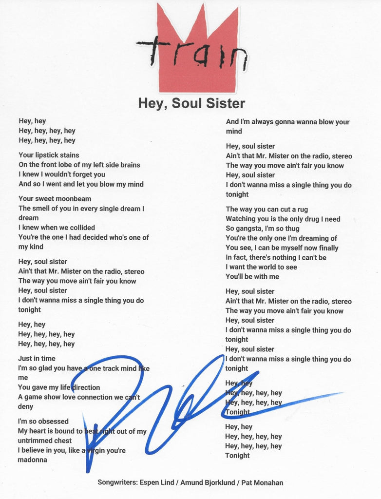 Pat Monahan Signed Train Hey Soul Sister Lyrics Sheet Exact Proof COA Autographed STAR