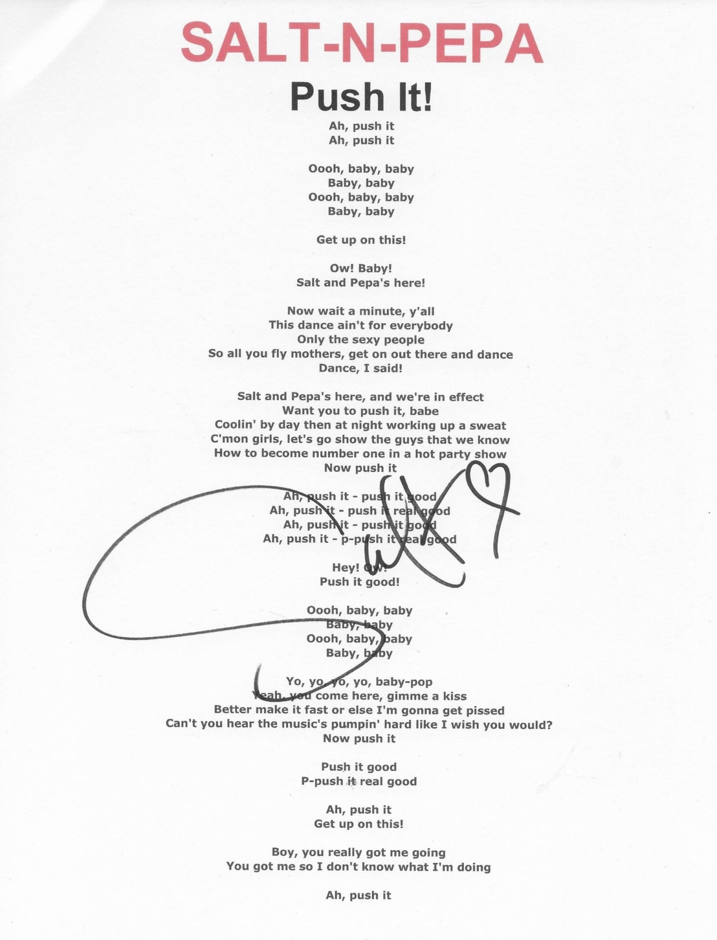 Salt Signed Salt - N - Pepa Push it Lyric Sheet COA Exact Proof Autographed