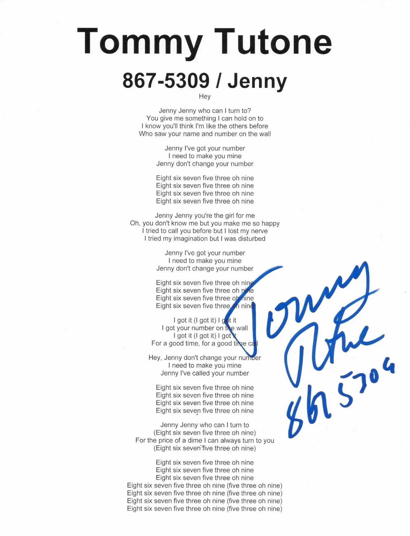 Tommy Tutone Signed 867 5309 Jenny Lyrics Sheet COA Exact Proof Autographed