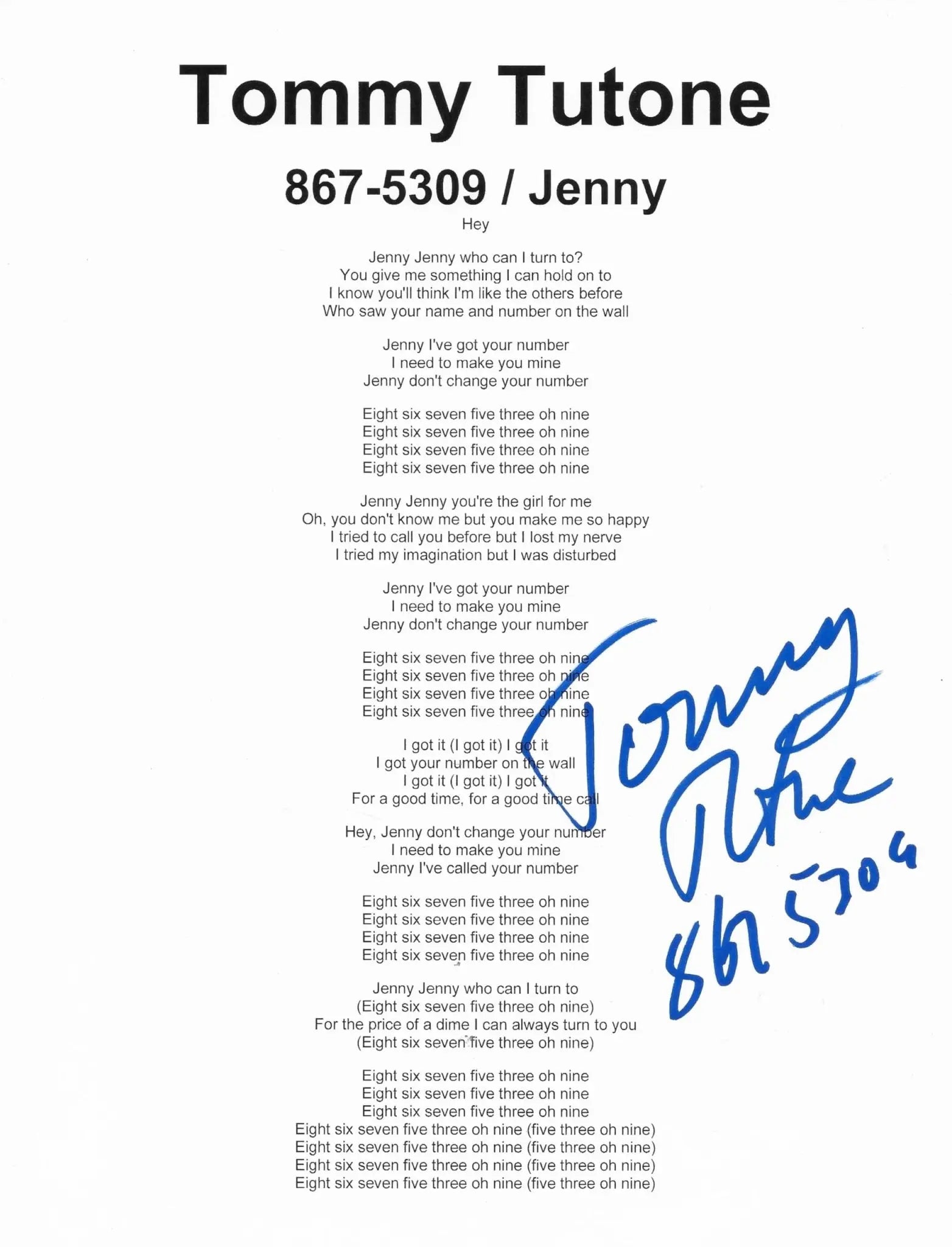 Tommy Tutone Signed 867 5309 Jenny Lyrics Sheet COA Exact Proof Autographed