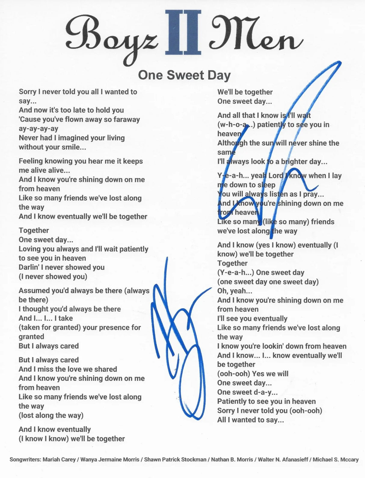 Boyz II Men Signed One Sweet Day Lyrics Sheet COA Exact Proof Autographed STAR