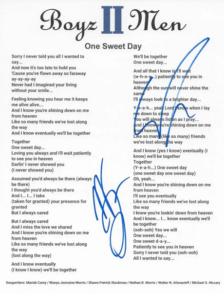 Boyz II Men Signed One Sweet Day Lyrics Sheet COA Exact Proof Autographed STAR