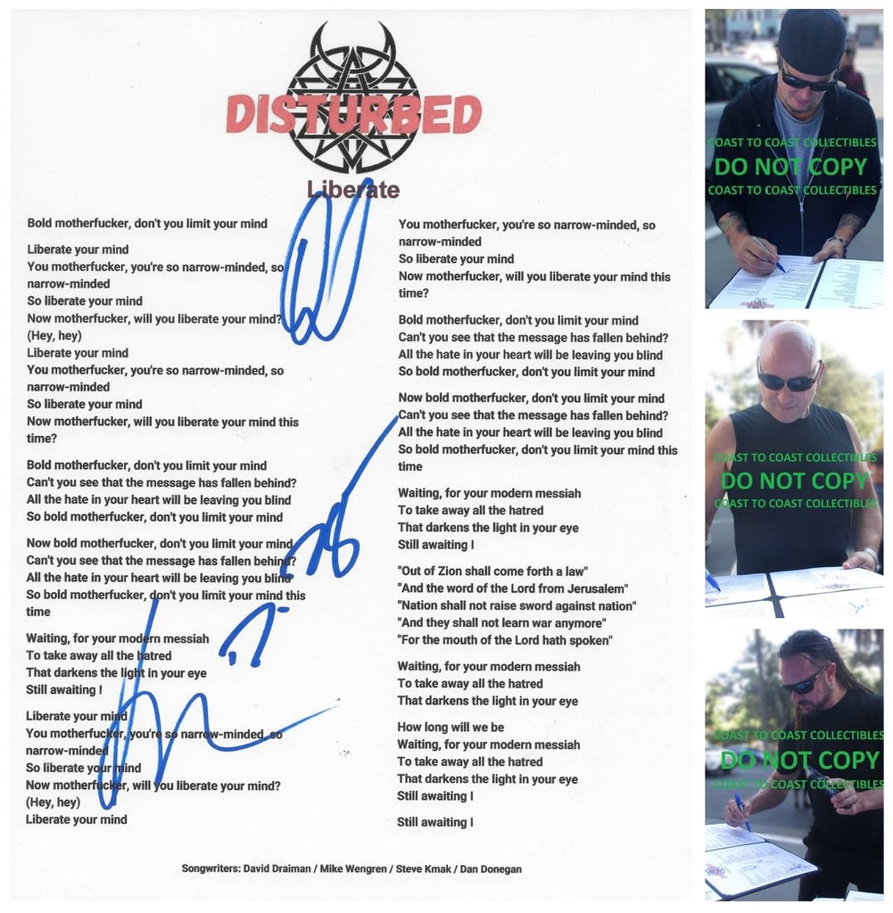 Disturbed Band Signed Liberate Lyrics Sheet COA Proof Autographed