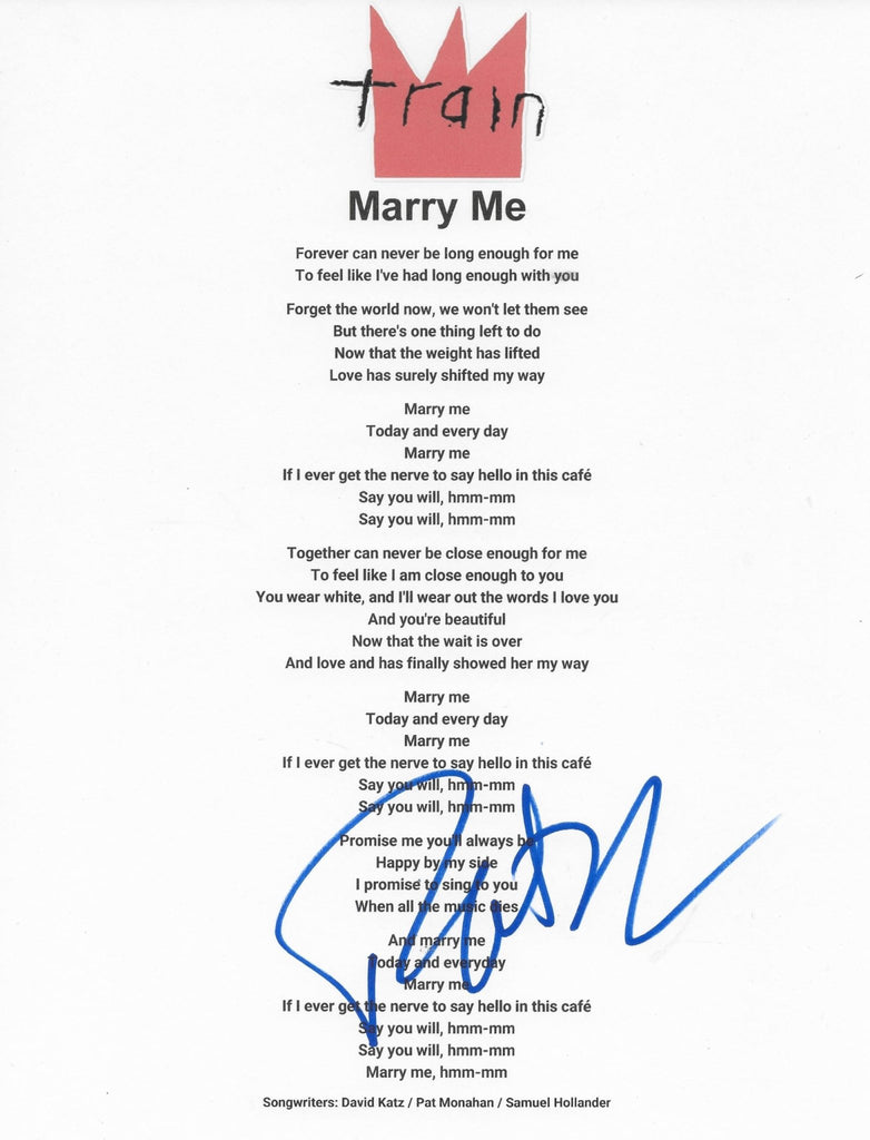 Pat Monahan Signed Train Merry Me Lyrics Sheet Exact Proof COA Autographed