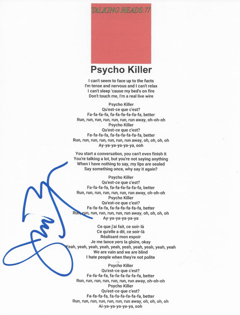 Jerry Harrison Signed Talking Heads Psycho Killer Lyrics Sheet Proof