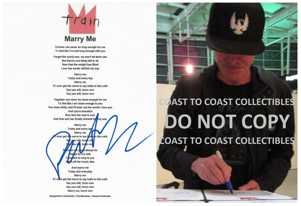 Pat Monahan Signed Train Merry Me Lyrics Sheet Exact Proof COA Autographed STAR