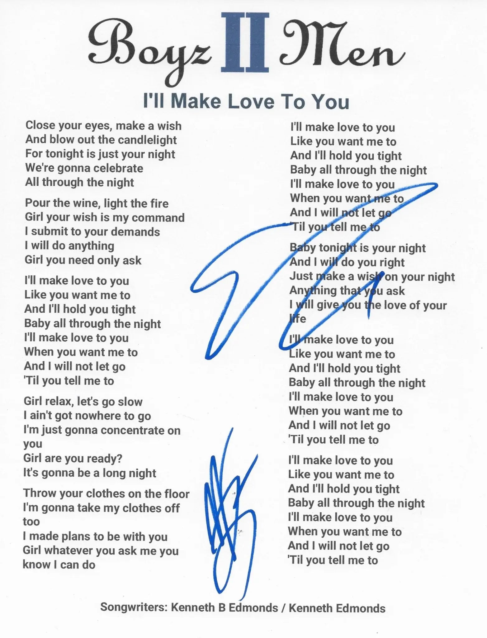 Boyz II Men Signed Ill Make Love To You Lyrics Sheet COA Exact Proof Autographed STAR