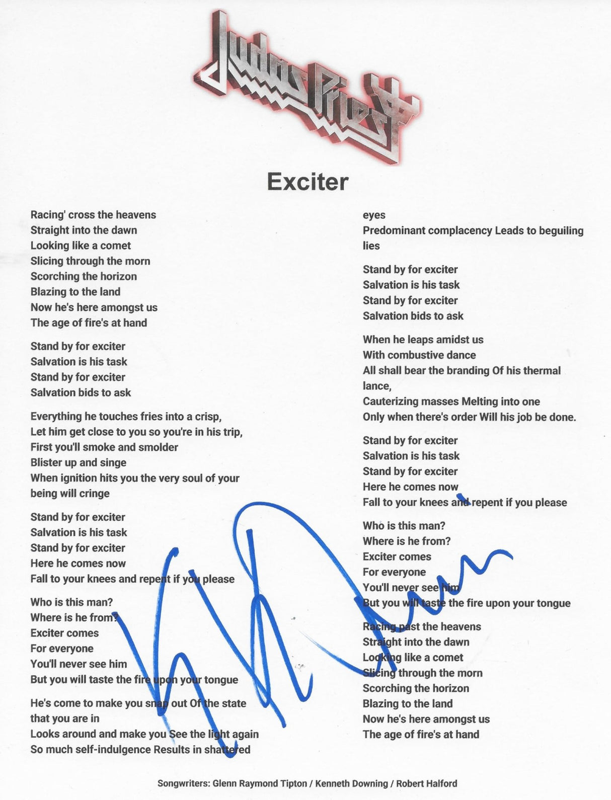 KK Downing Signed Judas Exciter Lyrics Sheet COA Exact Proof Autographed Judas Priest