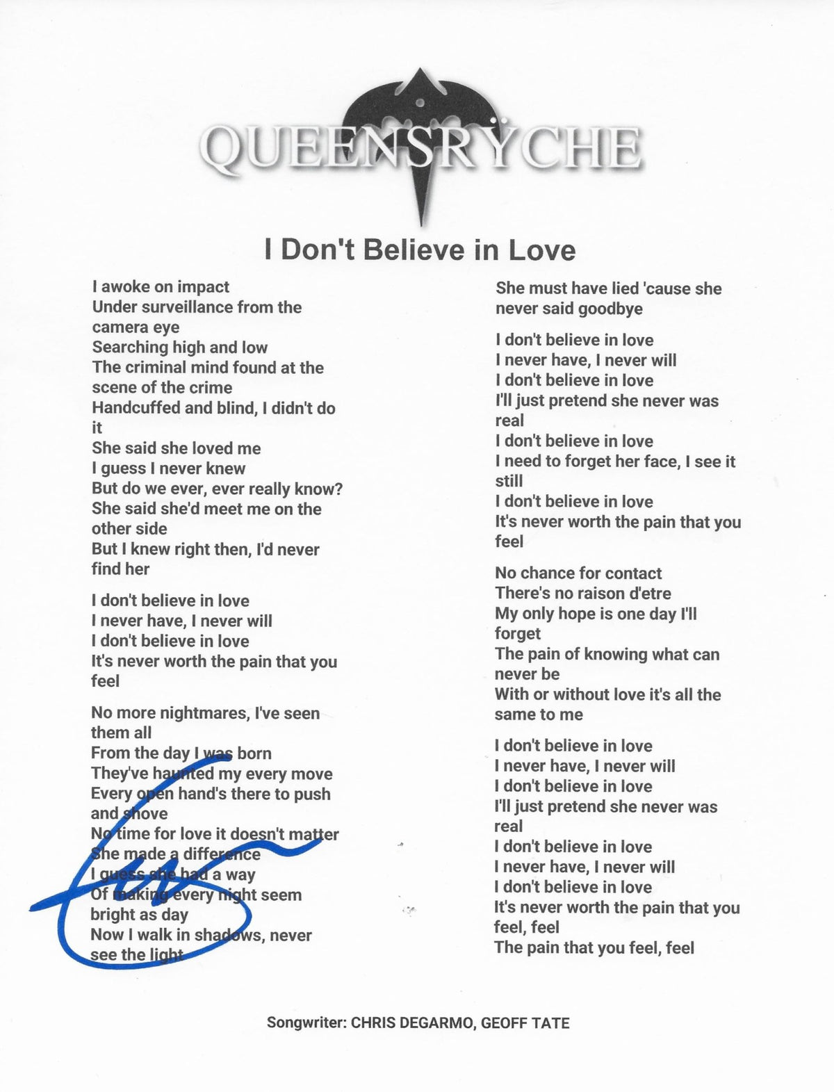 Geoff Tate Signed Queensryche I Dont Believe in Love Lyrics Sheet Proof Autographed