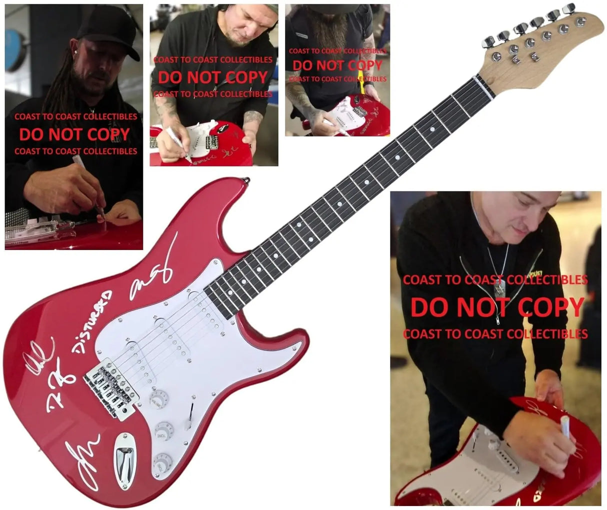 Disturbed Band Signed Full Size Red Electric Guitar COA Exact Proof Autographed