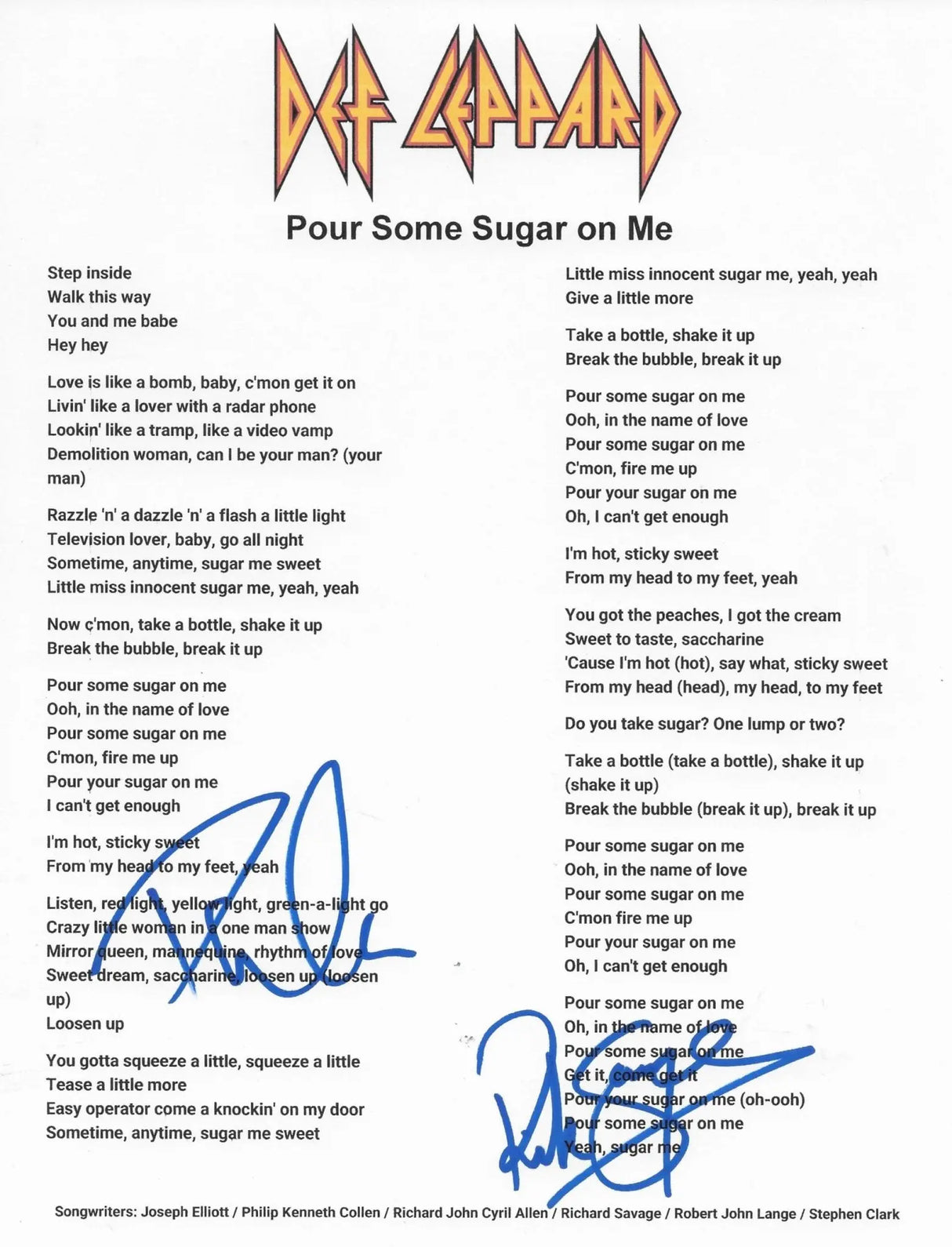 Rick Savage & Phil Collen Signed Def Leppard Pour Some Sugar on Me Lyrics Sheet COA Proof Autographed