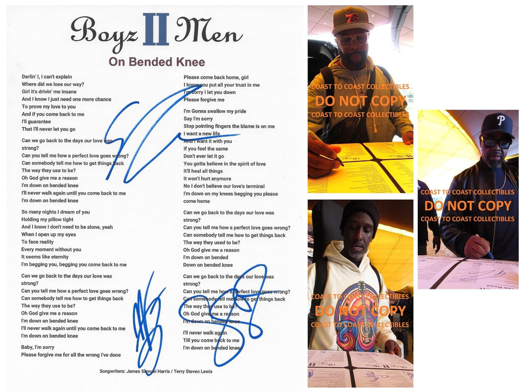 Boyz II Men Signed On Bended Knee Lyrics Sheet COA Exact Proof Autographed STAR