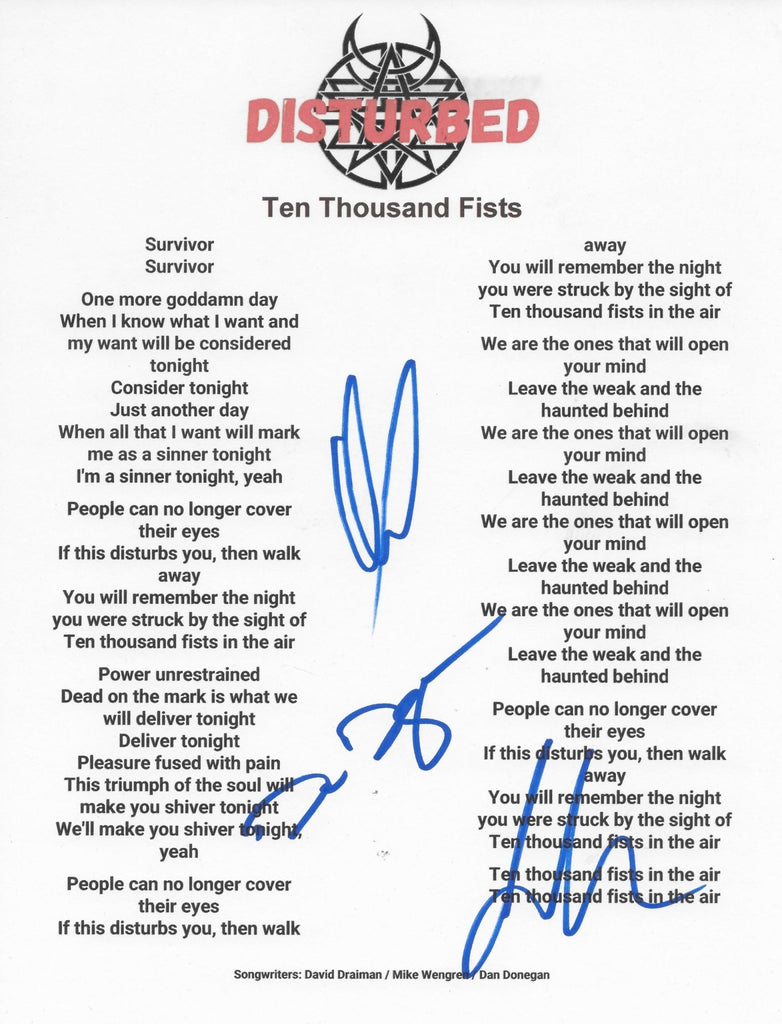 Disturbed Band Signed Ten Thousand Fists Lyrics Sheet COA Proof Autographed