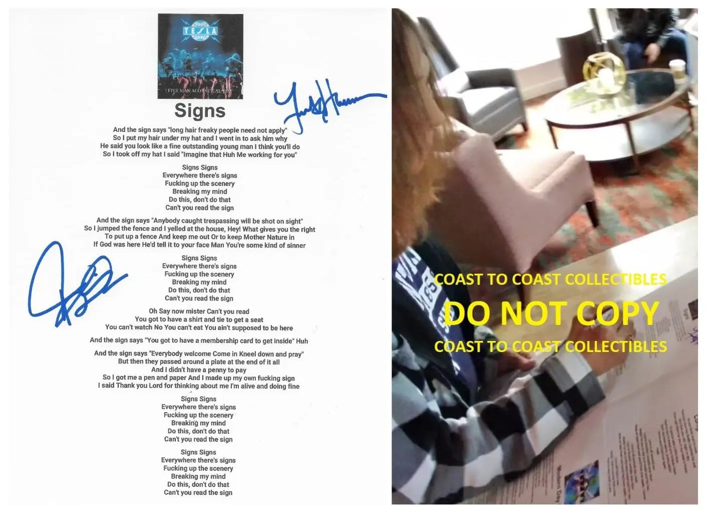 Jeff Keith & Frank Hannon Signed Tesla Signs Lyrics Sheet COA Proof Autographed