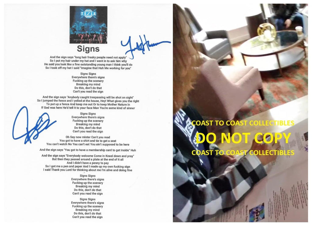 Jeff Keith & Frank Hannon Signed Tesla Signs Lyrics Sheet COA Proof Autographed