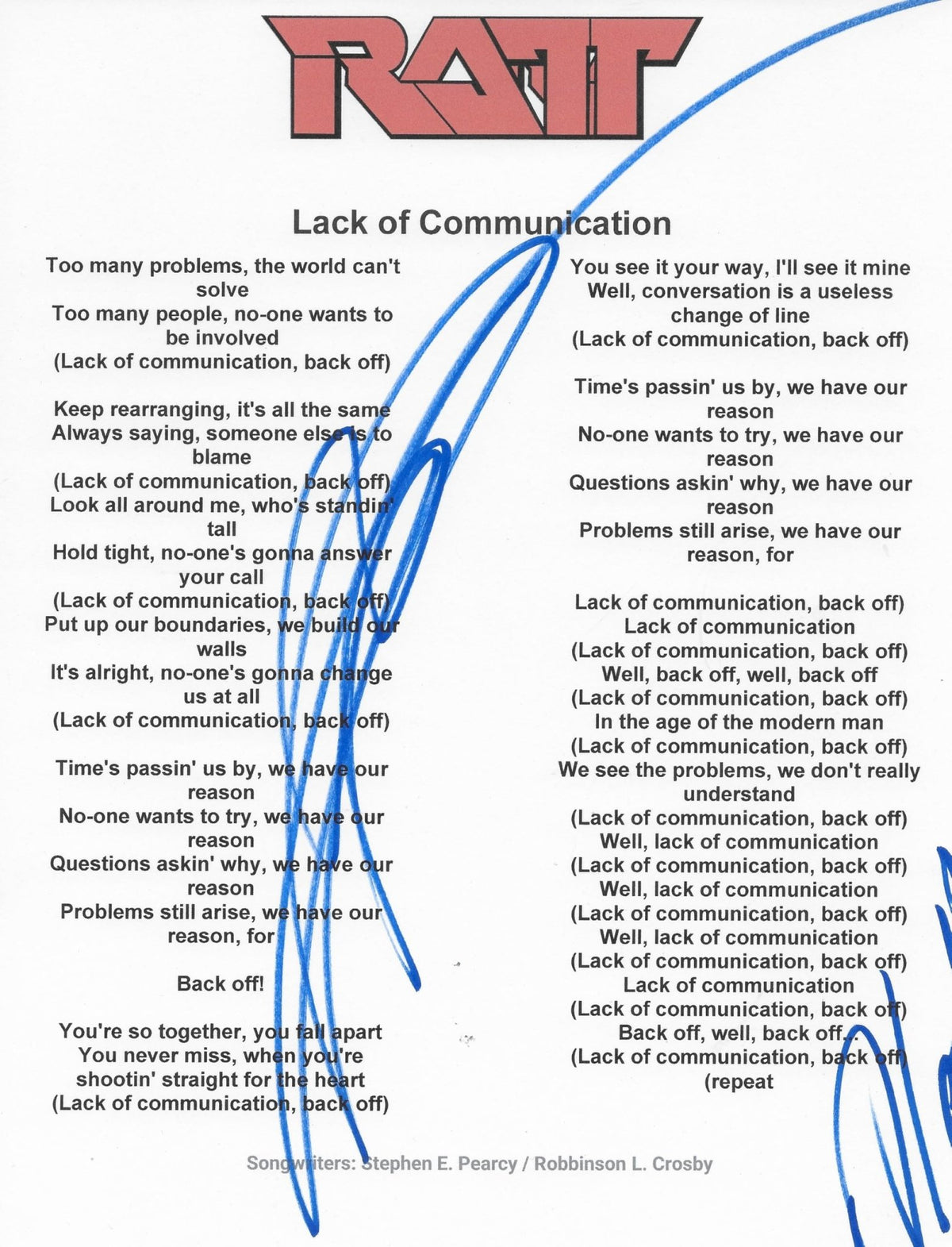 Stephen Pearcy Signed Ratt Lack of Communication Lyrics Sheet Proof Autographed