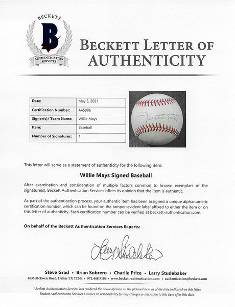 Willie Mays Signed NL Baseball Beckett COA Letter San Francisco Giants Autographed Coast to Coast Collectibles