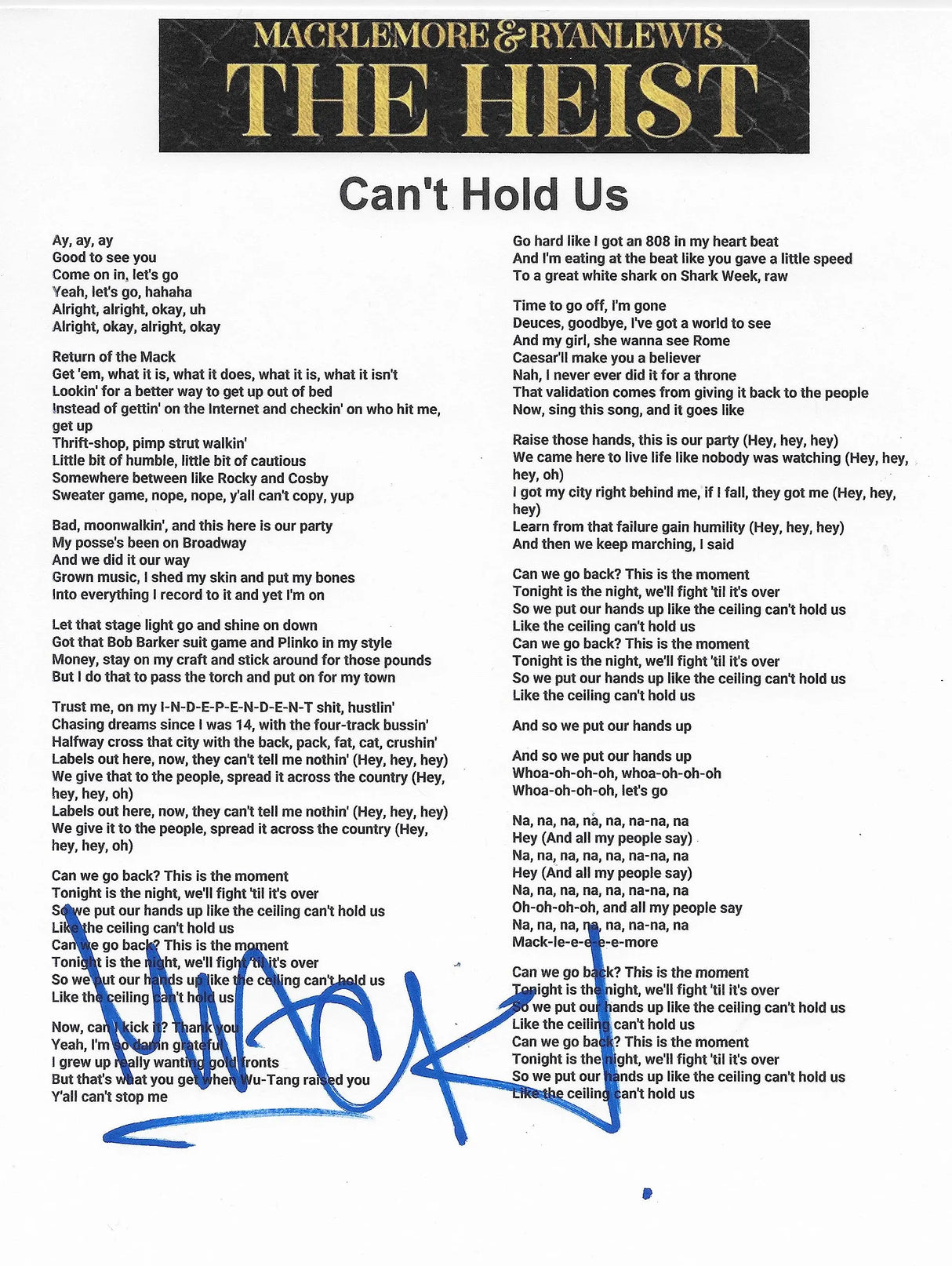 Macklemore signed The Heist Can't Hold Us Lyrics sheet COA Proof autographed STAR Coast to Coast Collectibles Memorabilia