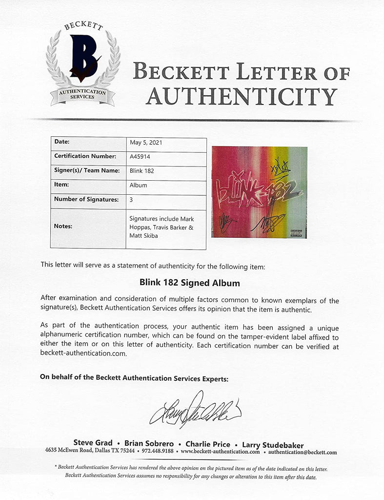 Mark Hoppus Travis Barker Matt Skiba signed Blink 182 Nine album proof Beckett STAR autograph