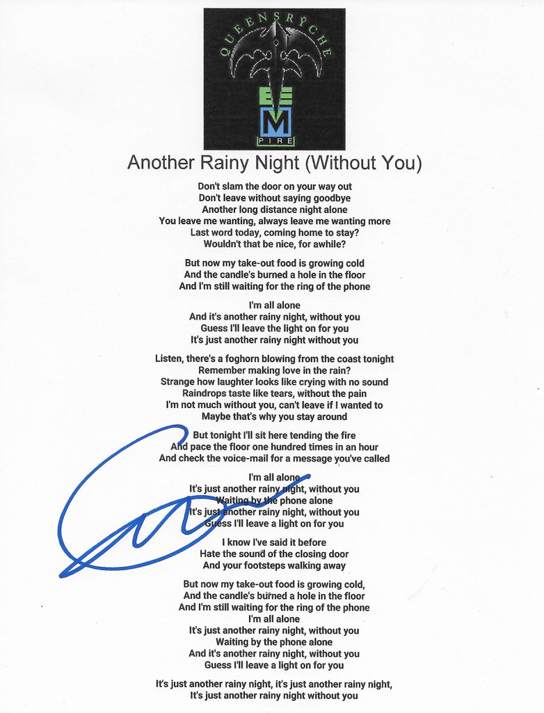 Geoff Tate signed Queesryche Another Rainy Night Without you Lyrics sheet proof STAR