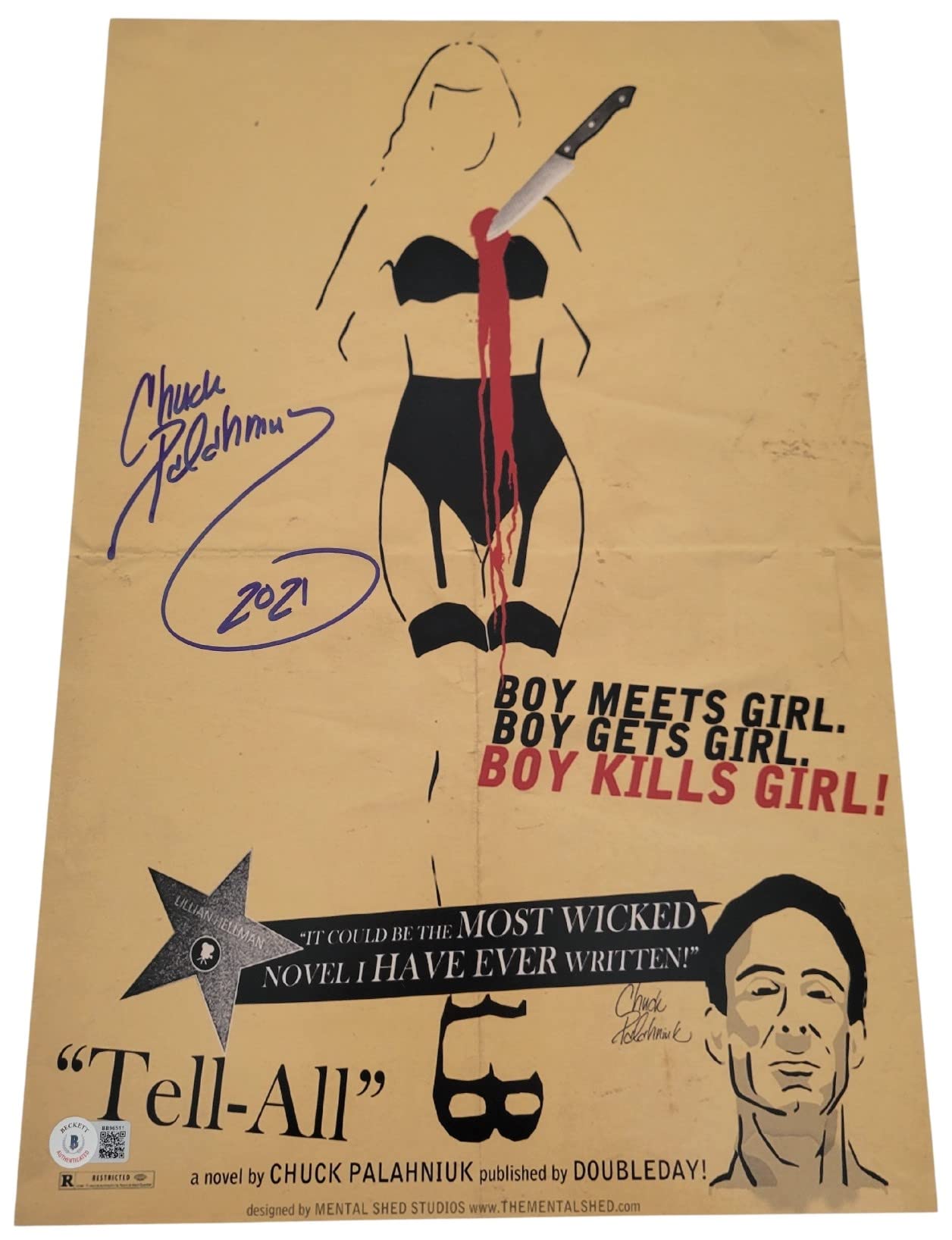 Chuck Palahniuk signed 12x18 Tell All movie poster photo Beckett COA exact proof. STAR
