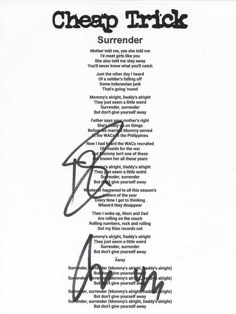 Robin Zander & Tom Petersson signed Cheap Tric Surrender Lyrics sheet COA Proof star