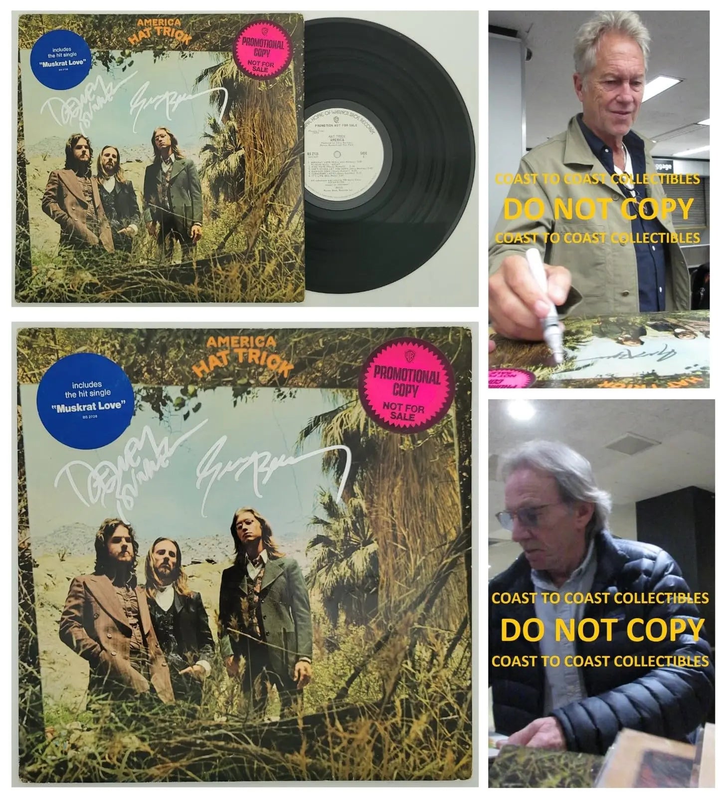 Dewey Bunnell Gerry Beckley signed America Hat Trick album vinyl record COA proof STAR