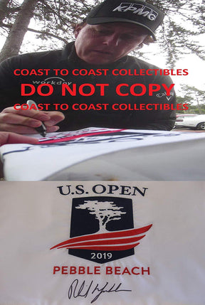 Phil Mickelson signed autographed 2019 US Open Pebble Beach Golf Flag, COA with the proof photo will be included
