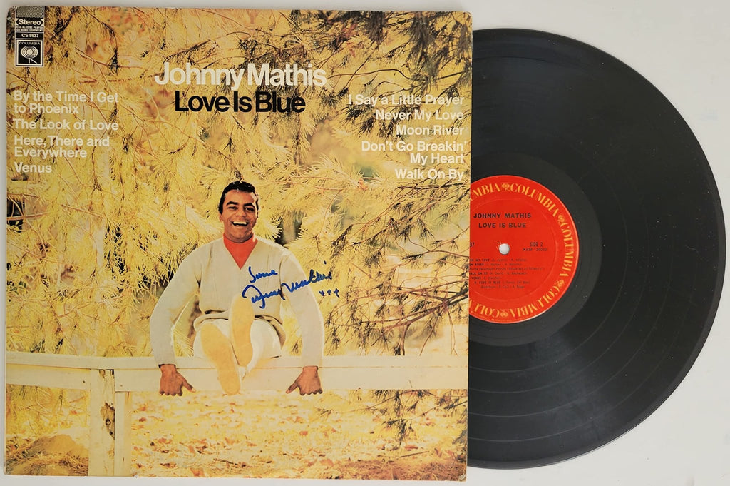 Johnny Mathis signed Love is Blue album, vinyl COA exact proof autographed STAR