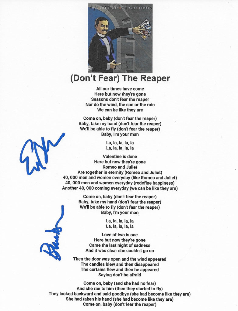 Dharma,Bloom signed Blue Oyster Cult Dont Fear The Reaper Lyrics sheet COA Proof STAR