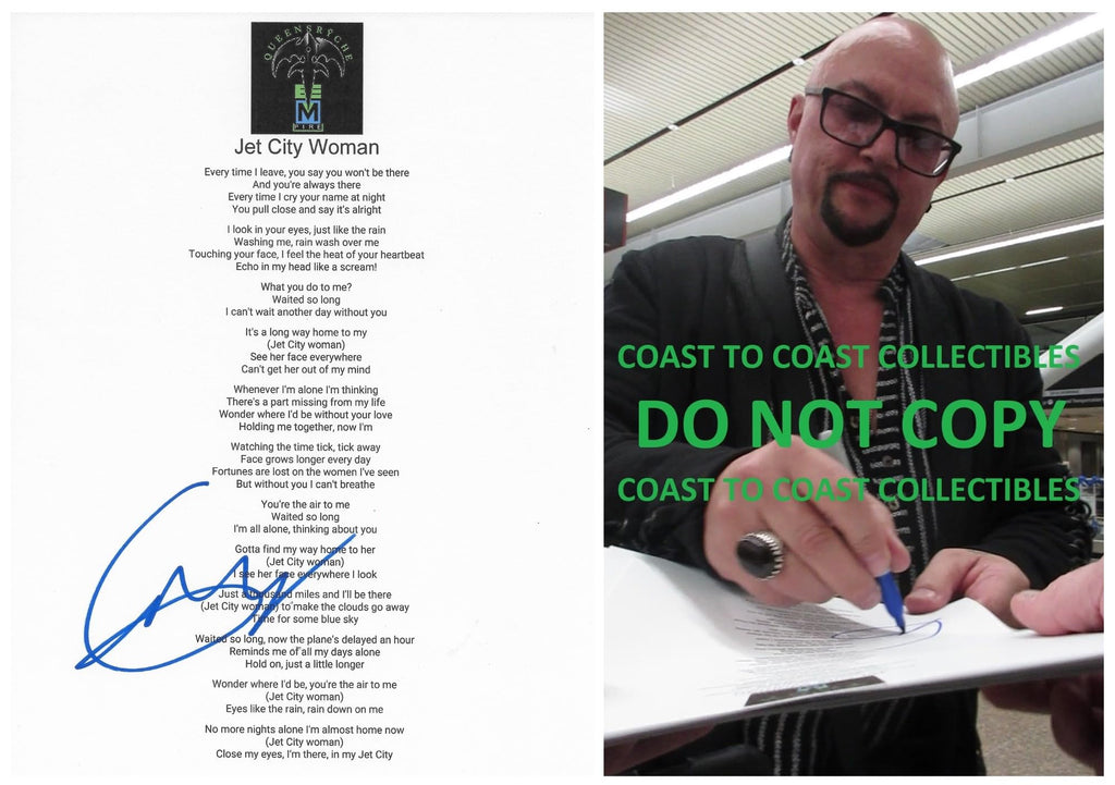 Geoff Tate signed Queesryche Jet City Woman Lyrics sheet proof COA STAR