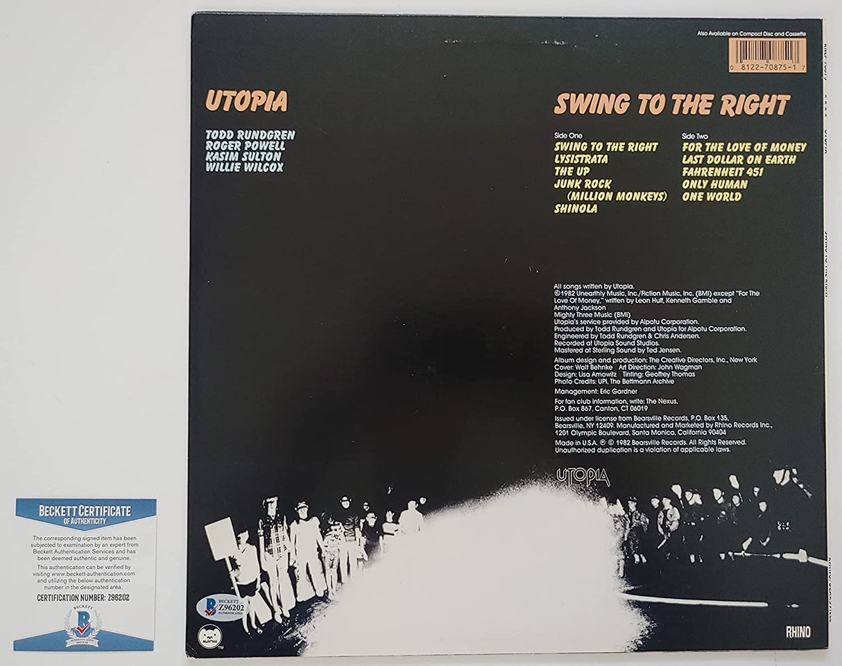 Todd Rundgren signed Utopia Swing to the Right album vinyl proof Beckett COA STAR
