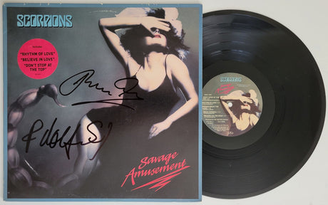 Klaus Meine Rudolf Schenker signed Scorpions Savage Amusement album COA proof star