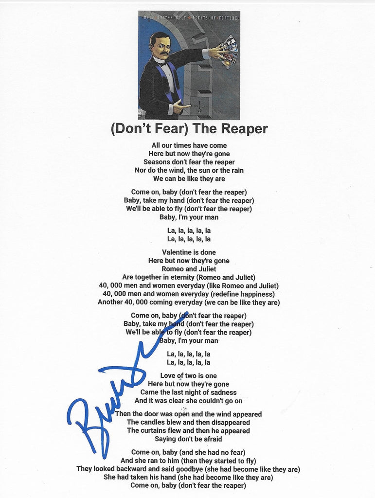 Buck Dharma signed Blue Oyster Cult Dont Fear The Reaper Lyrics sheet COA Proof STAR