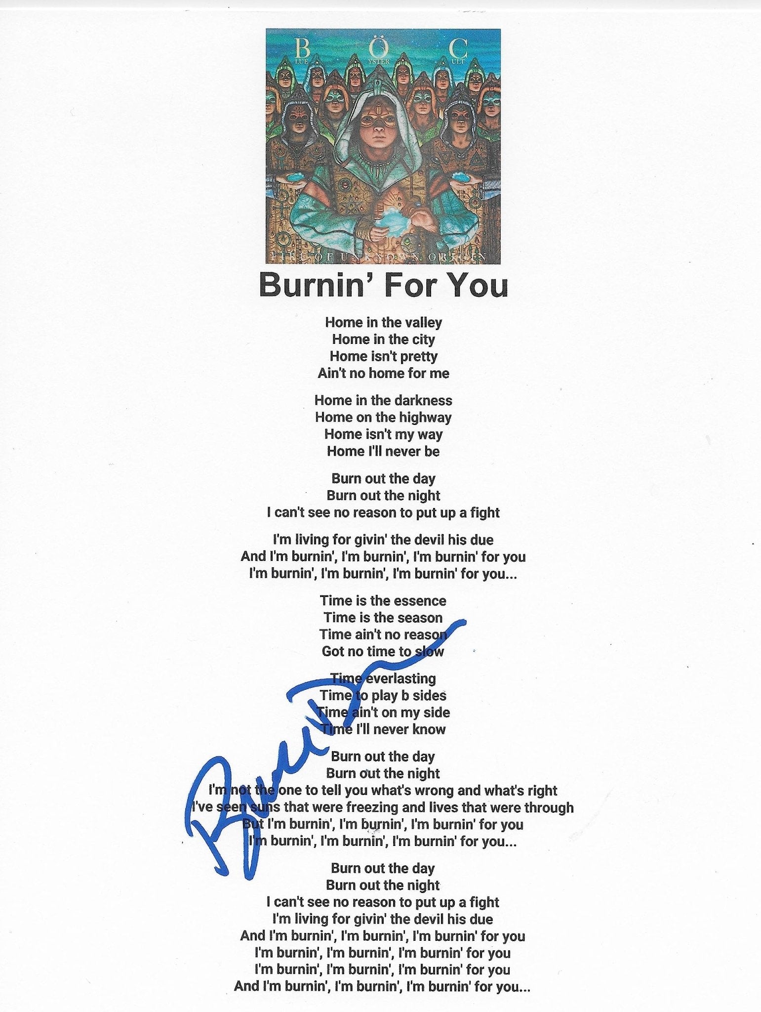 Buck Dharma signed Blue Oyster Cult Burnin For You Lyrics sheet