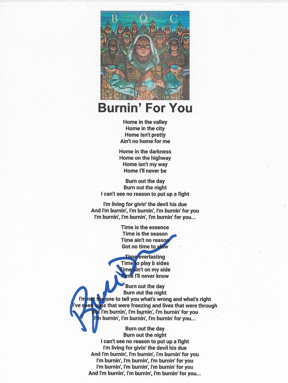 Buck Dharma signed Blue Oyster Cult Burnin For You Lyrics sheet