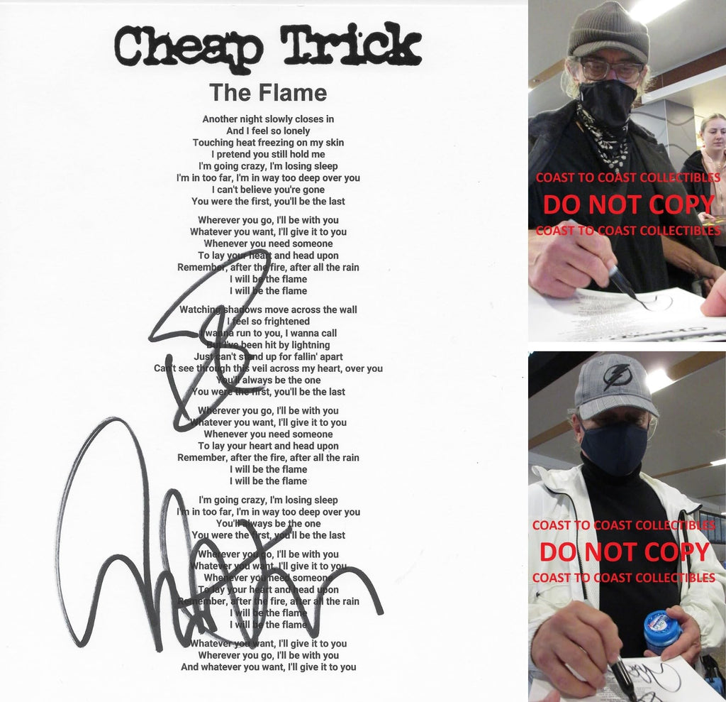 Robin Zander Tom Petersson signed Cheap Tric The Flame Lyrics sheet Proof COA star