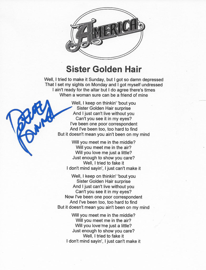 Dewey Bunnell signed America Sister Golden Hair Lyrics sheet COA Proof STAR