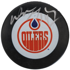 Wayne Gretzky signed Edmonton Oilers logo Hockey Puck exact proof COA auto