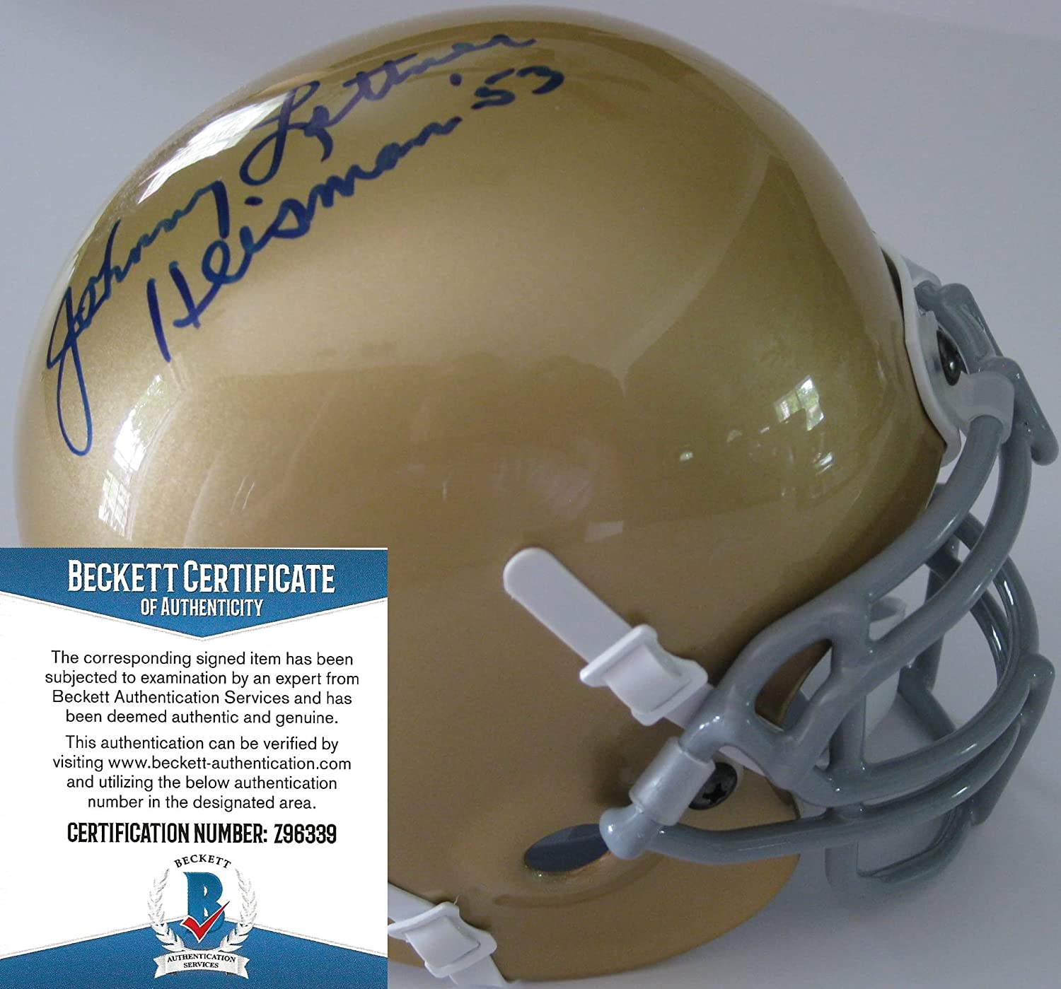 Johnny Lattner 1953 Heisman signed Notre Dame fighting Irish mini helmet Beckett COA