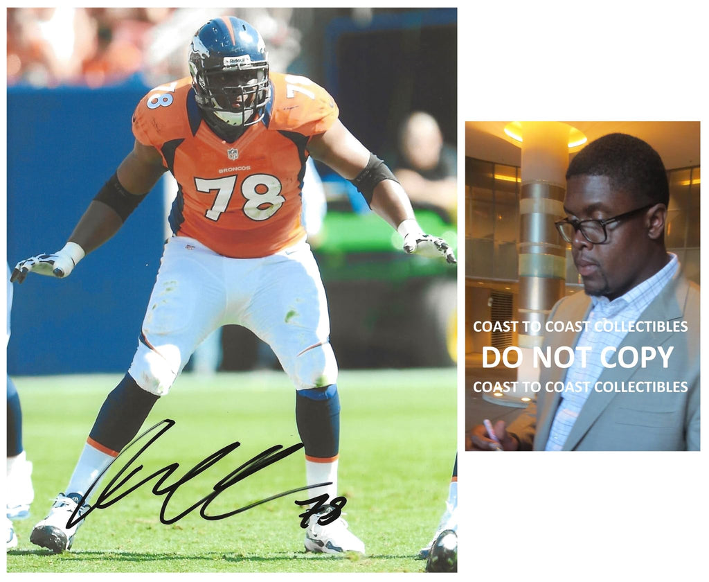 Ryan Clady signed Denver Broncos football 8x10 photo Proof COA autographed..
